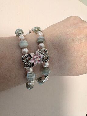 Handcrafted Pink Pearl & Gray Glass Bead Floral Bracelet – Women Jewelry